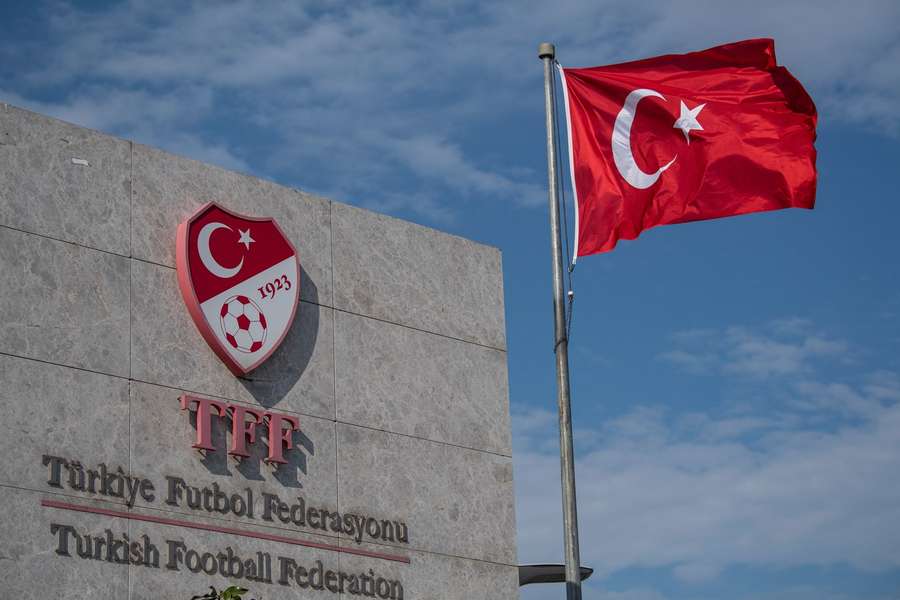 The logo of Turkish Football Federation (TFF) at the entrance of the organization's headquarters