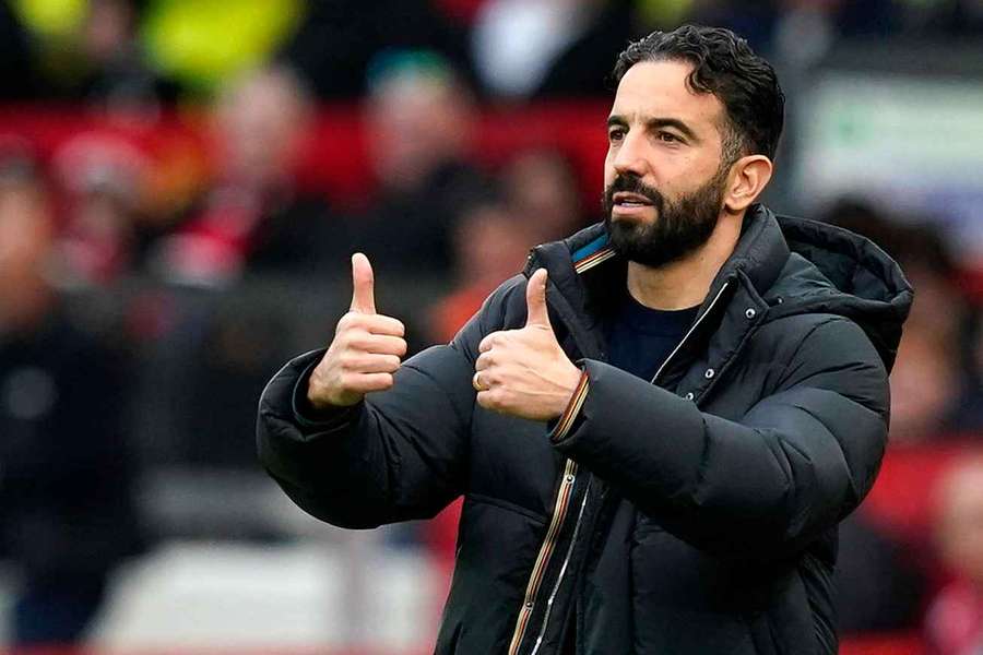 Ruben Amorim gestures during the Premier League match against Everton at Old Trafford