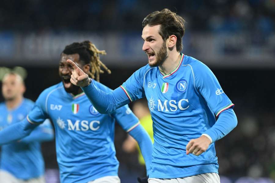 Khvicha Kvaratskhelia celebrates scoring Napoli's winning goal in the 75th minute