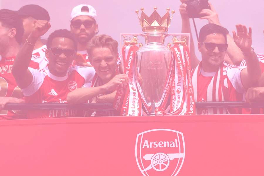 Jurrien Timber (L) during Arsenal's Premier League title celebrations