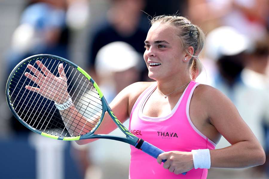 Sara Bejlek of Czechia celebrates her win against Madison Keys in Cincinnati