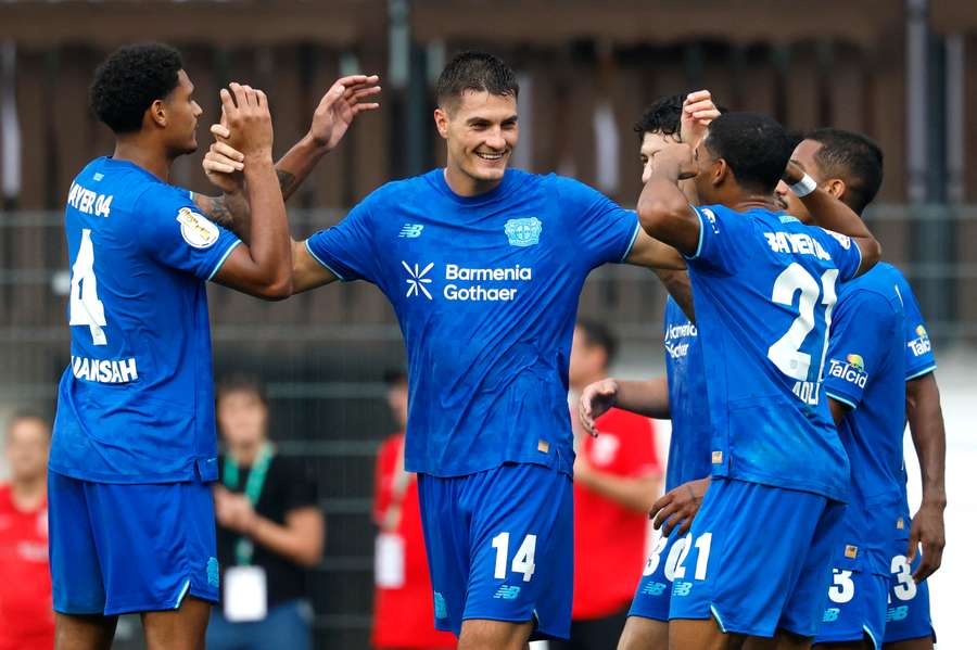Leverkusen celebrate scoring against Grossaspach