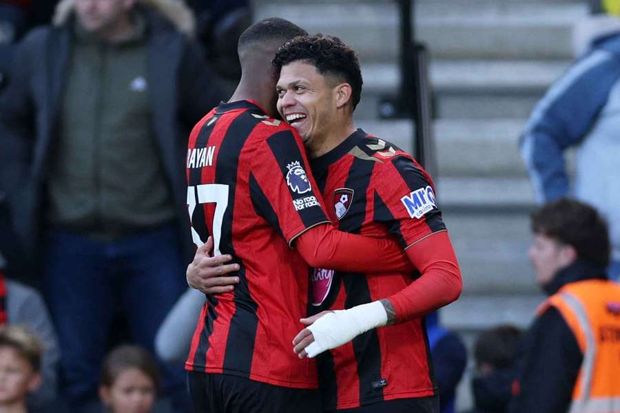 Bournemouth's Evanilson celebrates scoring their second goal with Rayan Bournemouth's Evanilson celebrates scoring their second goal with Rayan