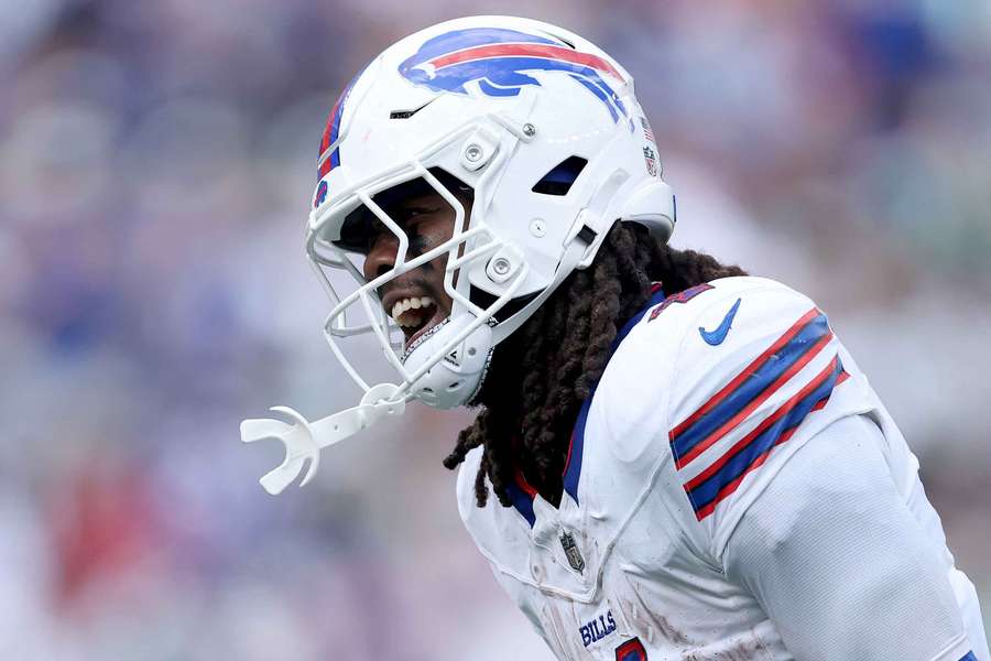 Buffalo Bills' James Cook celebrates after a touchdown in Week 2 against the New York Jets