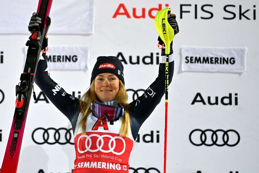 Mikaela Shiffrin celebrates her win