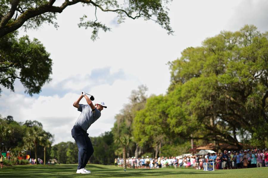 Scottie Scheffler plays his shot from the third tee during the second round of the RBC Heritage