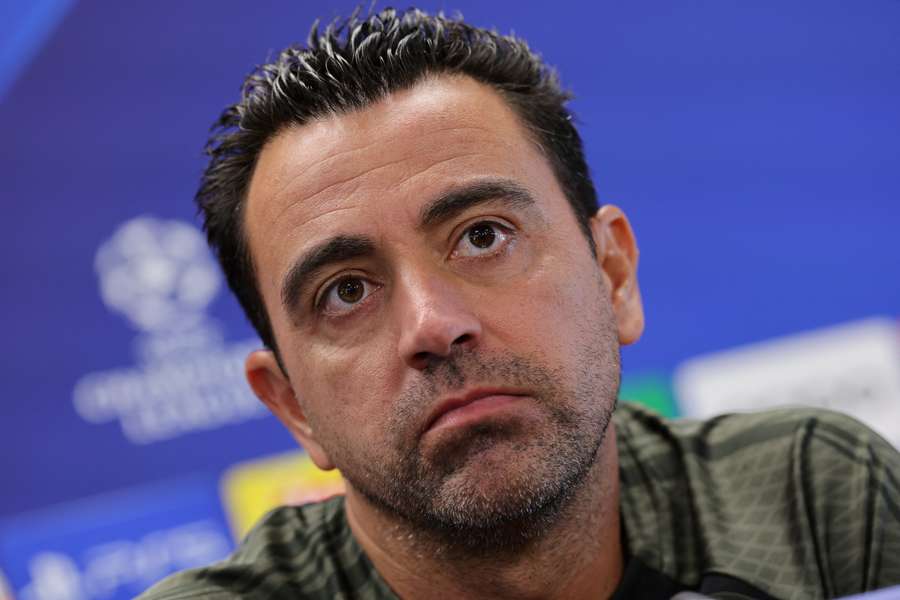 Barcelona's Spanish coach Xavi gives a press conference on the eve of the UEFA Champions League football match between FC Barcelona and Royal Antwerp