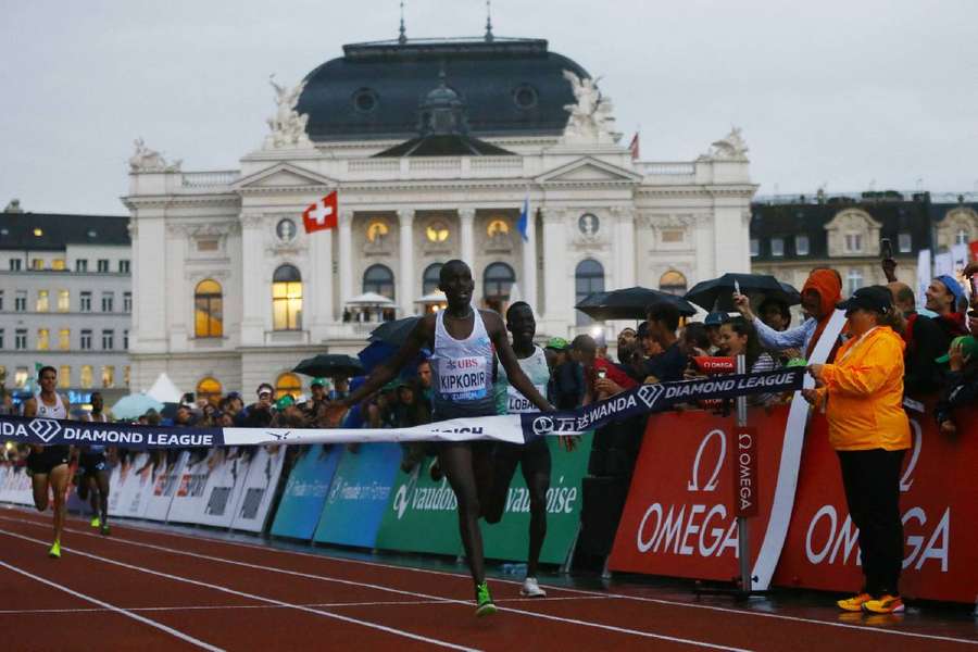 Nicholas Kipkorir crosses the line in the men's 5000 metres in Zurich
