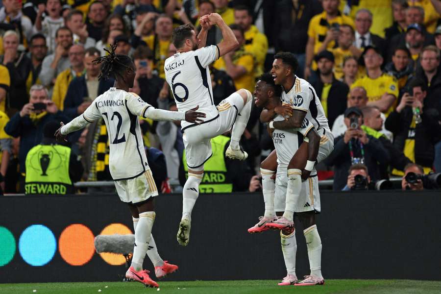 Real Madrid forward Vinicius Jr celebrates after scoring his team's second goal