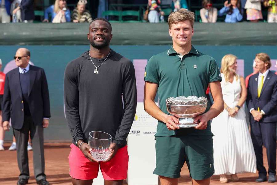 Frances Tiafoe and Jenson Brooksby pose for a photo with trophies after the final of the US Men's Clay Court Championship Frances Tiafoe and Jenson Brooksby pose for a photo with trophies after the final of the US Men's Clay Court Championship
