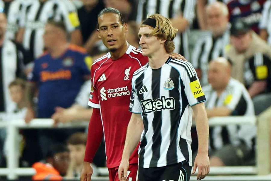 Gordon (right) was dismissed for a challenge on Van Dijk
