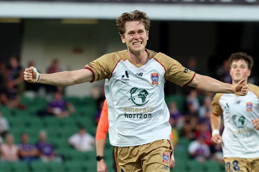 Lachlan Bayliss celebrates a goal scored against Perth during Round 17 of the A-League.