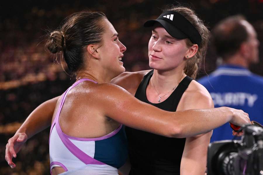 Aryna Sabalenka hugs Kazakhstan's Elena Rybakina after her victory