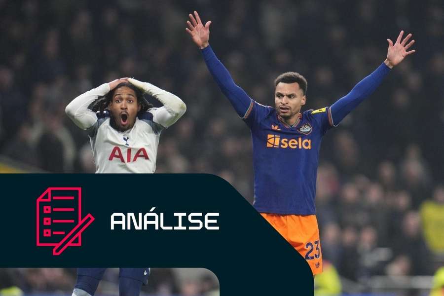 Jacob Murphy, do Newcastle, e Djed Spence, do Tottenham, durante um jogo na época 2025/26
