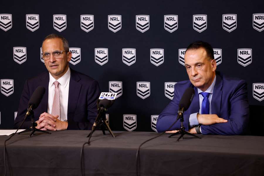 Andrew Abdo addresses reporters at Rugby League Central on Monday.