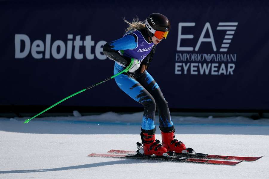 Russia's Varvara Voronchikhina reacts after her run in the women's super-G standing

