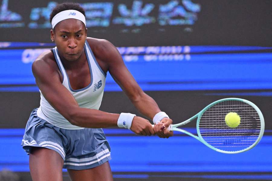 Coco Gauff hits a return to Jasmine Paolini during their semi-final match at the Wuhan Open