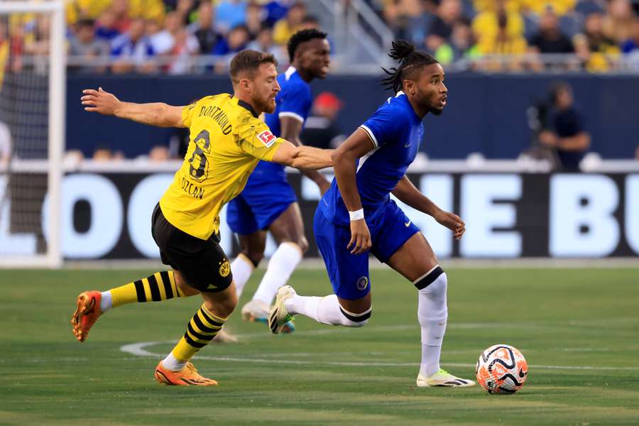 Christopher Nkunku #45 of Chelsea FC controls the ball during a pre-season friendly