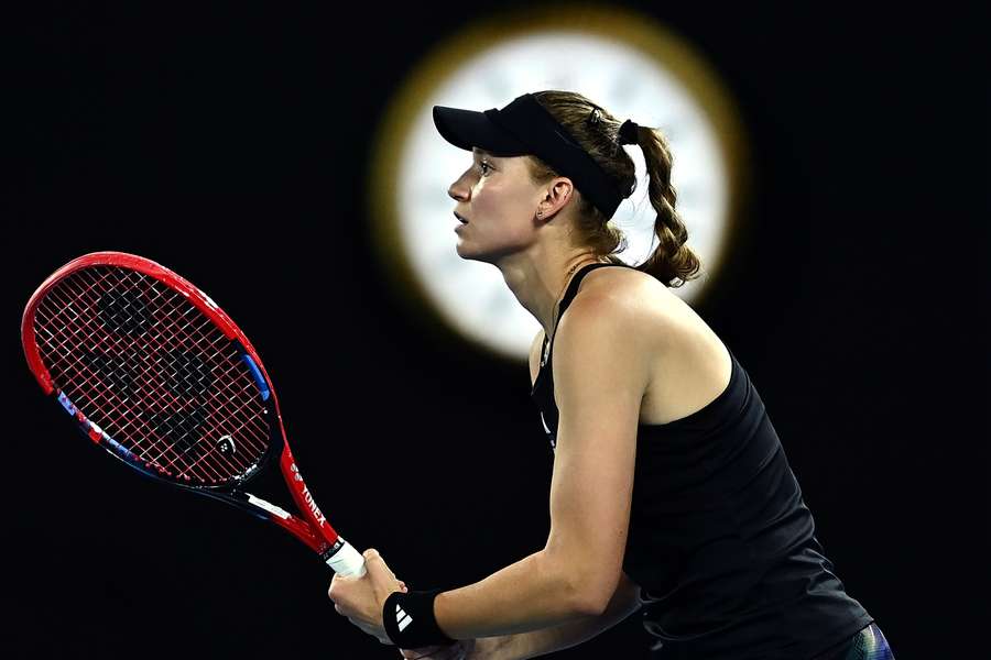 Kazakhstan's Elena Rybakina waits to hit a return against Belarus' Victoria Azarenka