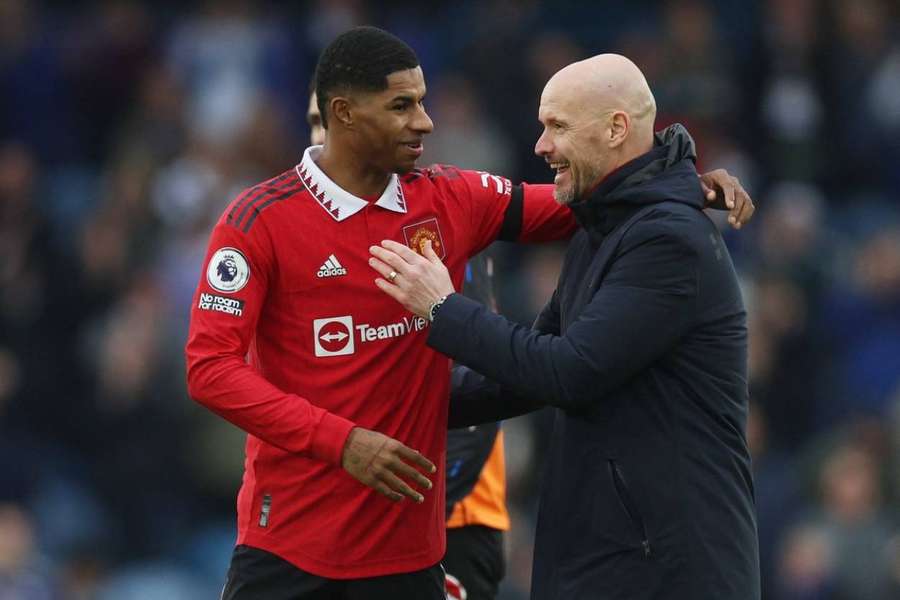 Marcus Rashford and Erik ten Hag embrace after Man Utd beat Leeds at Elland Road