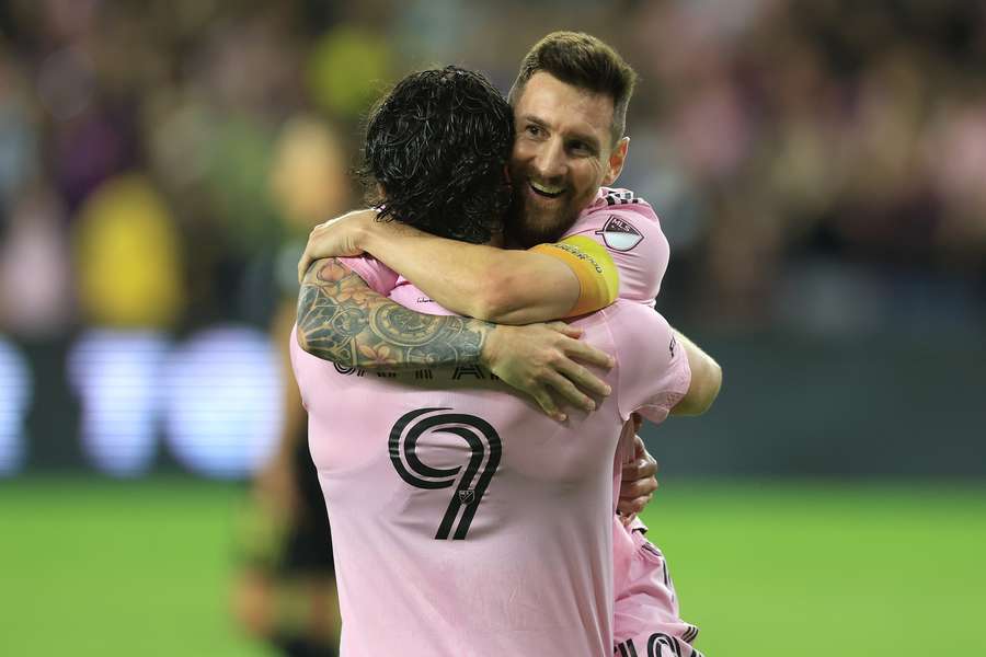 Lionel Messi of Inter Miami CF celebrates with Leonardo Campana