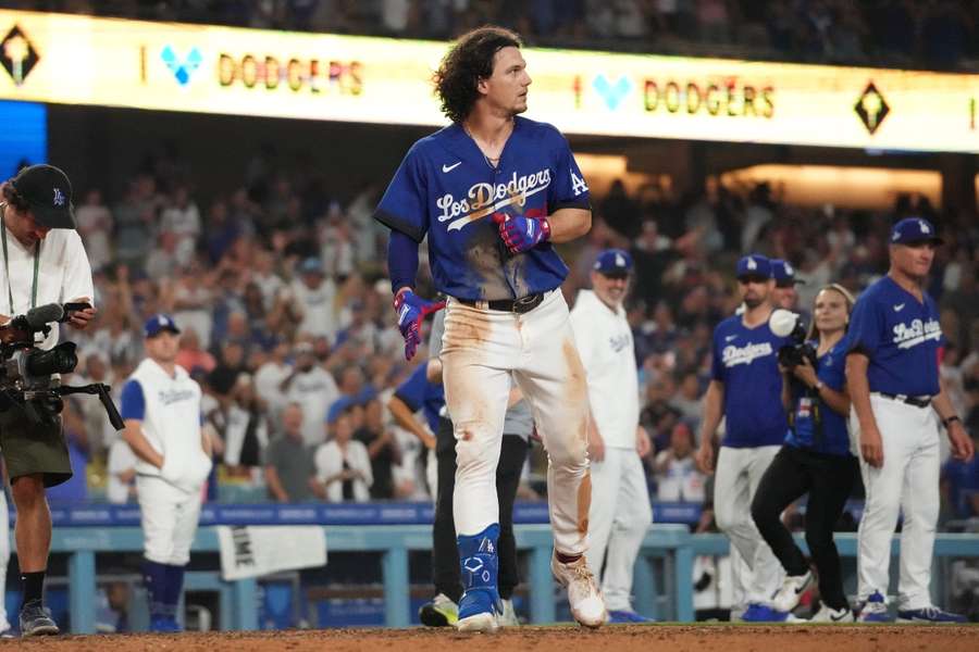 Los Angeles Dodgers centre fielder James Outman celebrates after hitting a walk-off double in the 10th inning against the Toronto Blue Jays