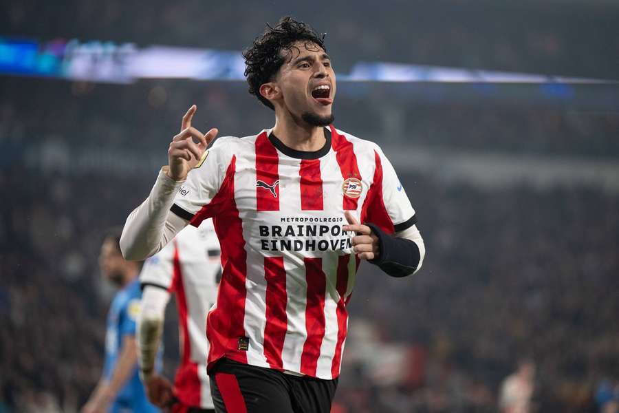 PSV's Ricardo Pepi celebrates scoring a goal against Heracles Almelo in the Dutch Eredivisie