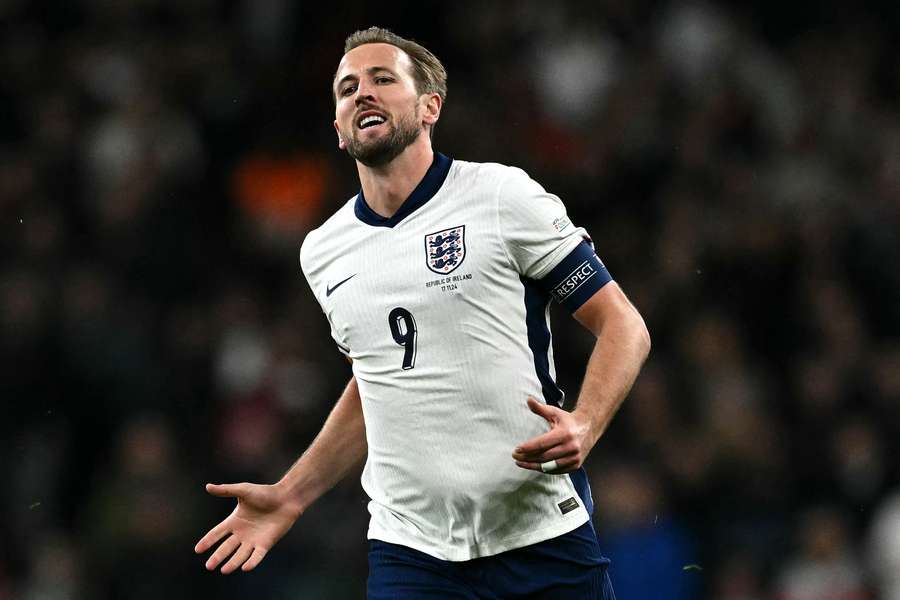 England's striker #09 Harry Kane reacts during the UEFA Nations League