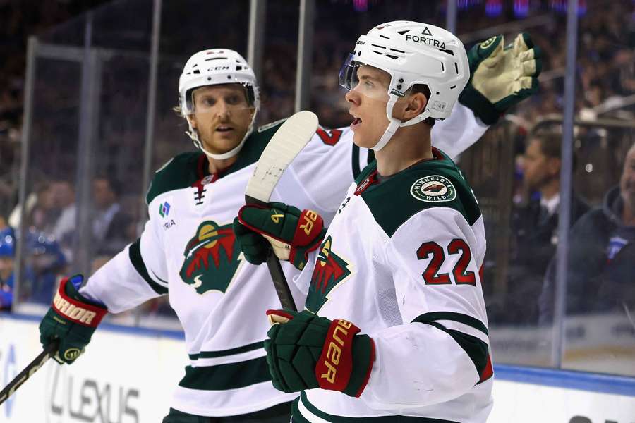 Minnesota Wild Danila Yurov (#22) celebrates first career goal Minnesota Wild Danila Yurov (#22) celebrates first career goal