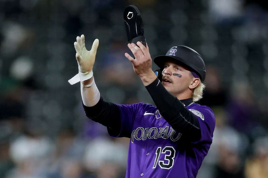 Colorado Rockies' Zac Veen celebrating after earning his first major league hit (2025)