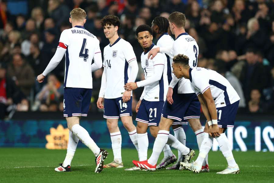 Ethan Nwaneri of England celebrates scoring his team's second goal 