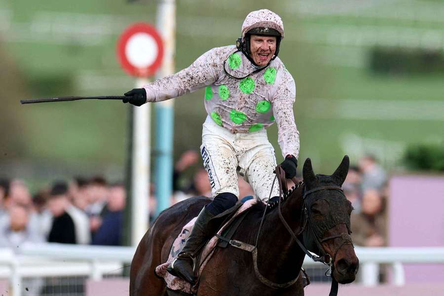 Paul Townend celebrates on Gaelic Warrior after winning the Cheltenham Gold Cup