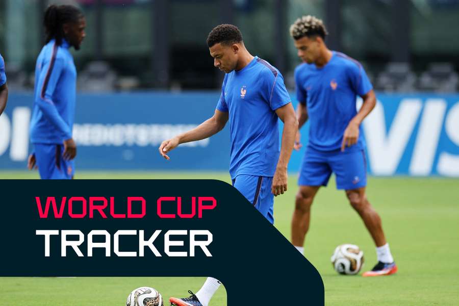 France's Kylian Mbappe (centre) during training France's Kylian Mbappe (centre) during training