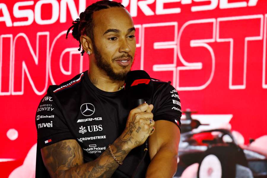 Mercedes' Lewis Hamilton during a press conference in Bahrain