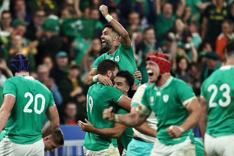 Ireland's scrum-half Conor Murray (up) celebrates the victory at the end of the France 2023 Rugby World Cup Pool B match