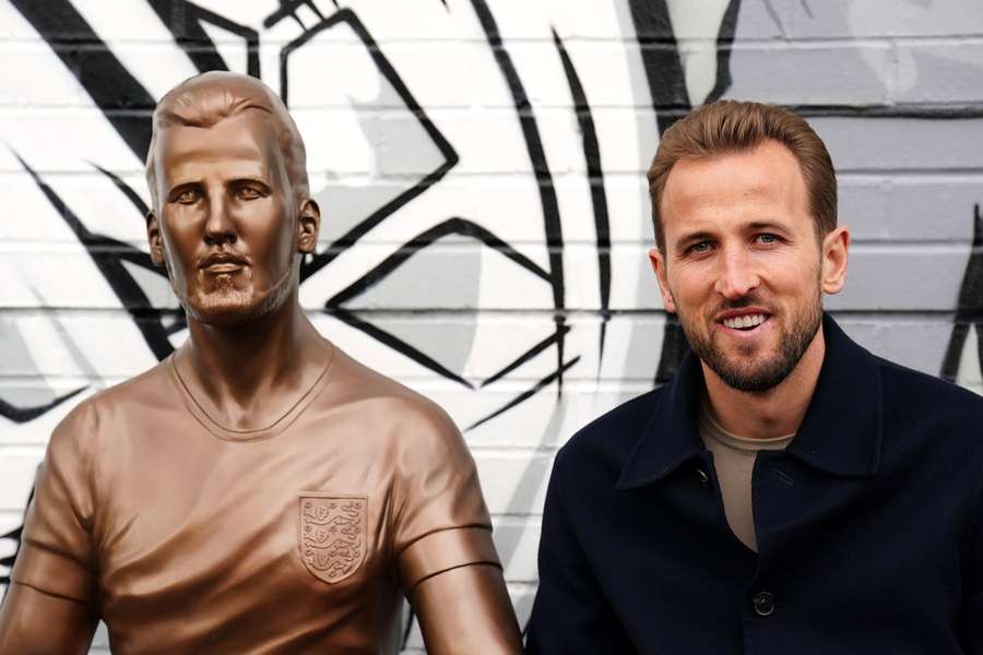 Harry Kane during the unveiling of a statue of himself at The Peter May Centre, London