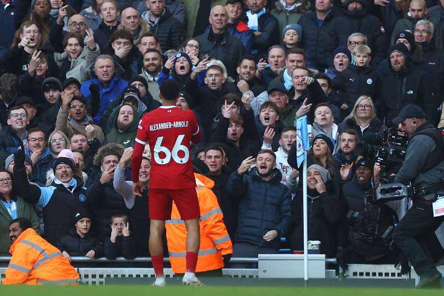 Trent celebrates his goal in front of the City fans