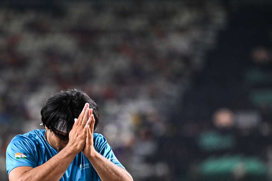 Neeraj Chopra celebrates after the men's javelin throw final