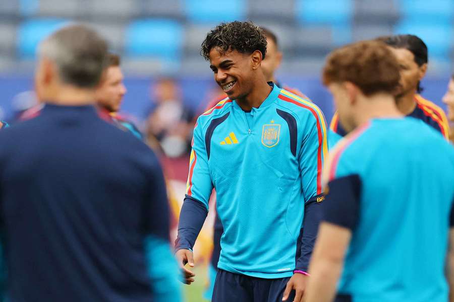 Lamine Yamal shares a laugh with teammates at Spain training on Wednesday.