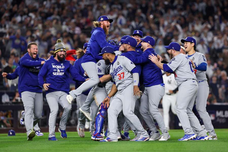 The Los Angeles Dodgers celebrate after clinching a stunning World Series victory over the New York Yankees on Wednesday