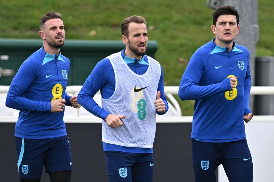 England captain Harry Kane trains at St George's Park with Liverpool's Jordan Henderson and Man Utd's Harry Maguire