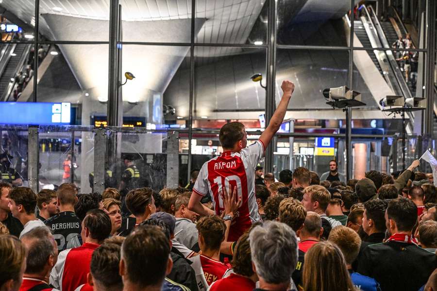 Ajax fans gathering outside at Johan Cruyff Arena during the match against Jagiellonia Bialystok