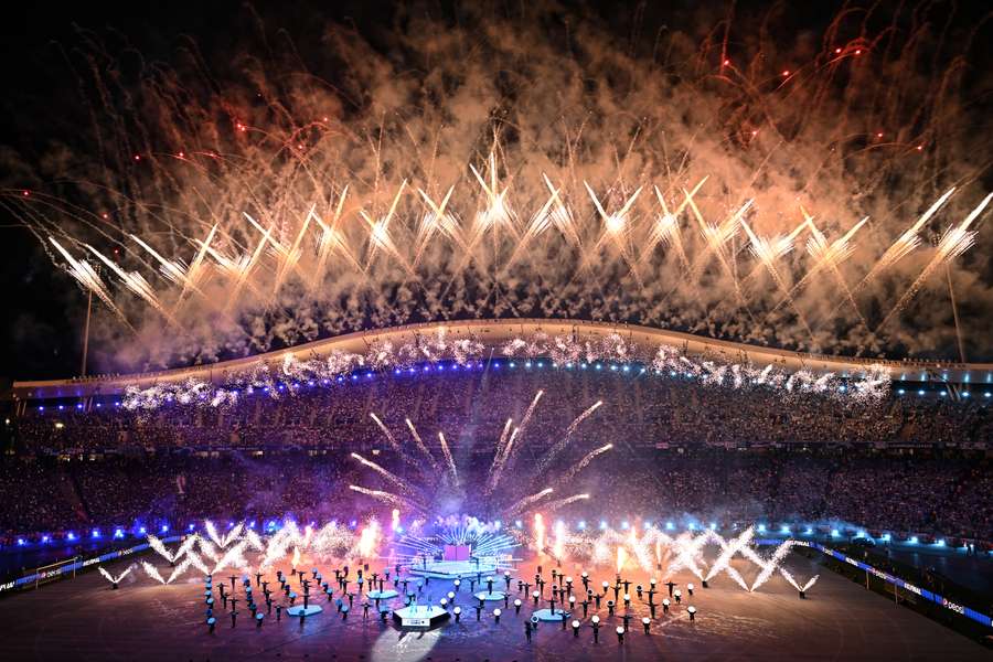 Fireworks go off during the pre-game show