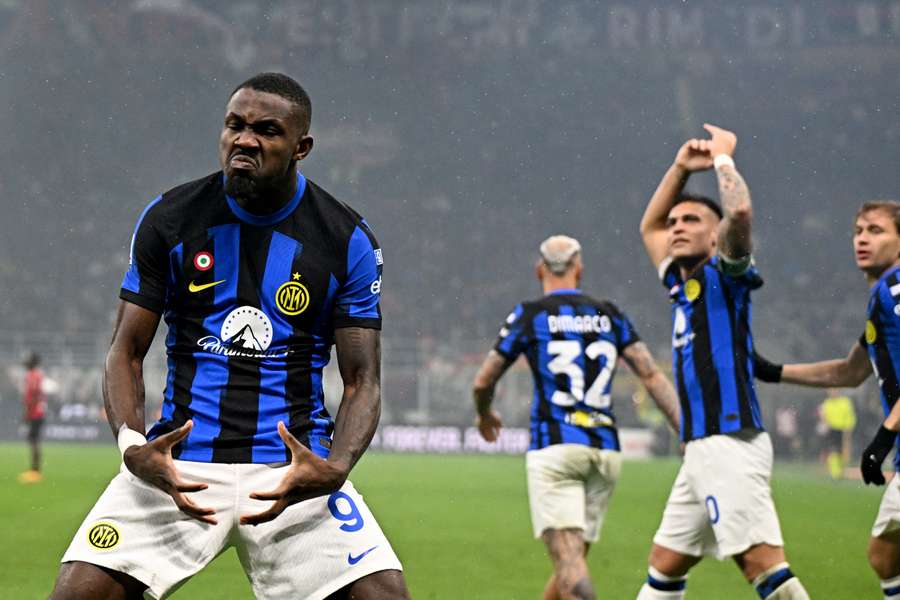 Marcus Thuram celebrates after scoring Inter's second goal