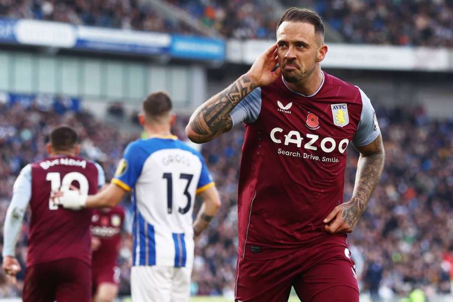 Danny Ings celebrates giving Aston Villa a 2-1 lead over Brighton.