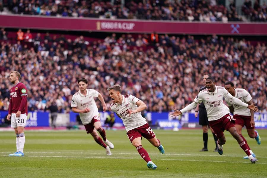Arsenal's Leandro Trossard scores a late goal against West Ham United