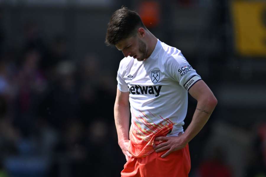 West Ham United's English midfielder Declan Rice reacts to their defeat on the pitch after the English Premier League football match between Crystal Palace and West Ham