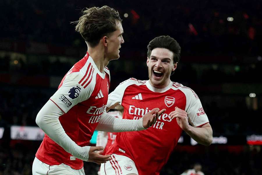 Arsenal's Max Dowman celebrates scoring with Declan Rice