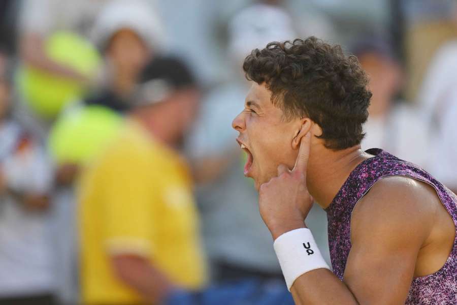 Ben Shelton celebrates a point during his match against Jiri Lehecka
