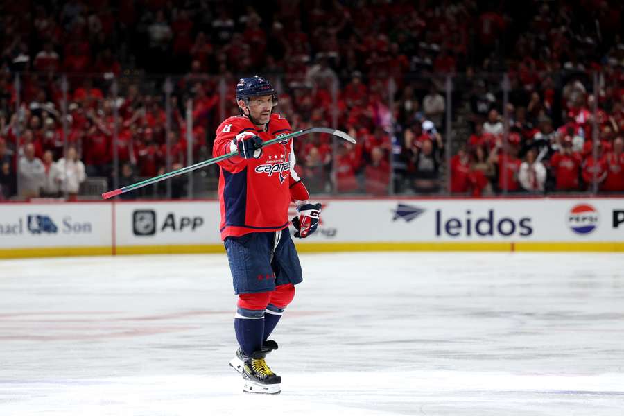 Ovechkin after scoring the game-winning goal in Game 1 vs. Montreal Canadiens of the 2025 Stanley Cup Playoffs